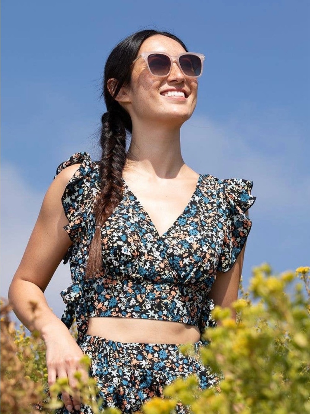 Free People Black Floral Ruffle-Sleeve Crop Top